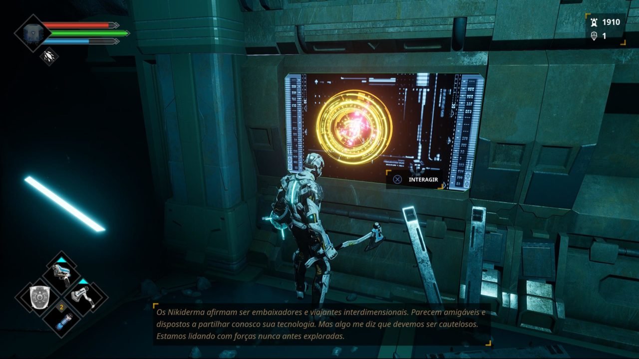 Imagem de um personagem do jogo Dolmen e um texto embaixo