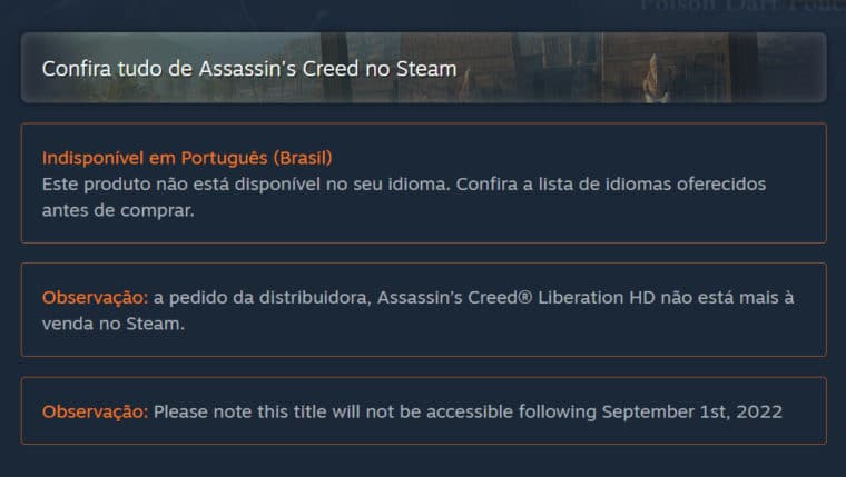 Avisos na página de Assassin’s Creed Liberation HD na Steam