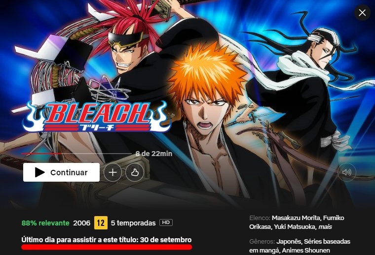 Aviso de que Bleach vai deixar o catálogo brasileiro da Netflix