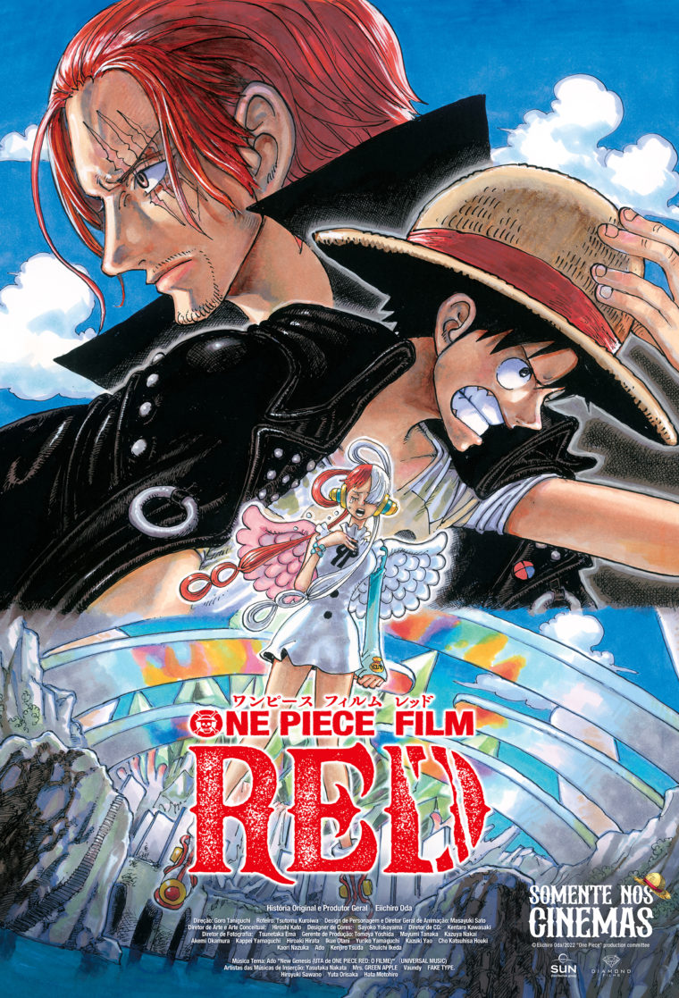 Cartaz de One Piece Film Red com Monkey D. Luffy, Shanks e Uta