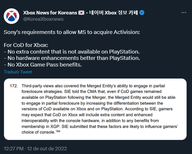 Pastor Xbox 🙏🏽💚 on X: Microsoft + Activision Blizzard Saiu a Resposta  da MS ao CADE e aos questionamentos da Sony Em documento protocolado hoje a  MS respondeu ao CADE:  A