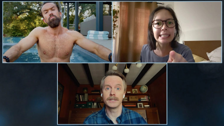 Rob McElhenney, Charlotte Nicdao e David Hornsby no episódio de quarentena de Mythic Quest