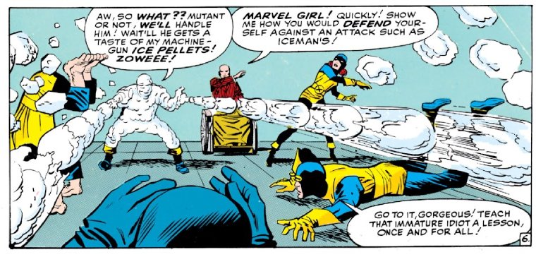 Homem de Gelo desparando bolas de neve nos X-Men