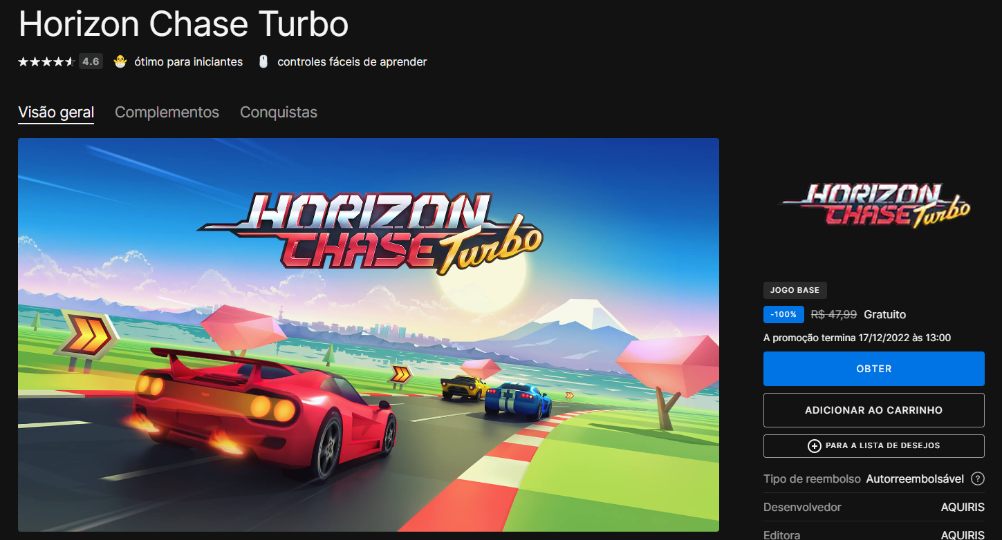 Horizon Chase Turbo e mais dois jogos de graça na Epic Games