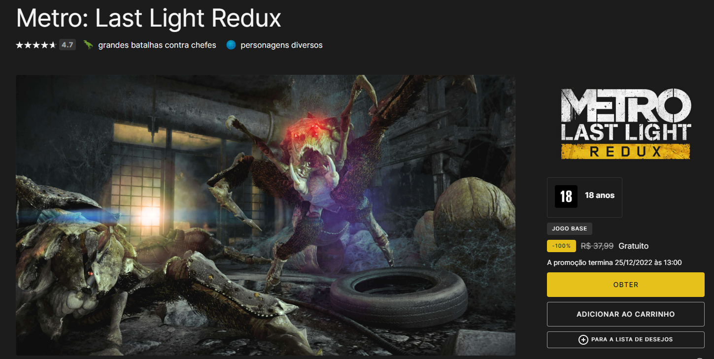 Metro: Last Light Redux está gratuito para PC