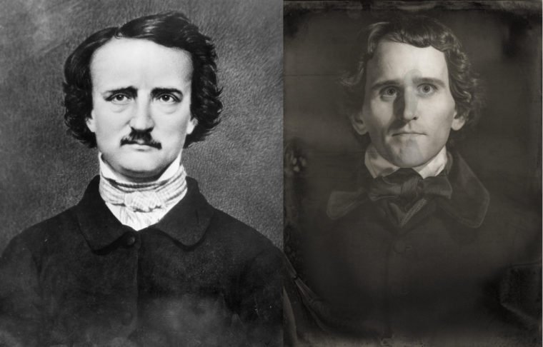 Retrato de Edgar Allan Poe e Harry Melling como Edgar Allan Poe em O Pálido Olho Azul