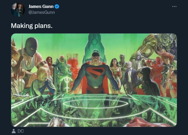 Tweet de James Gunn dizendo que está "fazendo planos" com uma imagem do Reino do Amanhã