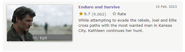 thelastofusbr 🦋 on X: 🚨 PERFEIÇÃO Subiu para 9.7 a nota do 5º episódio  de The Last of Us no IMDb. Com mais de 11 mil reviews até o momento,  Endure and