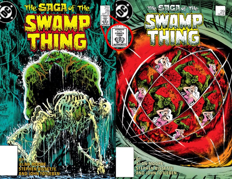 Capas das edições 28 e 29 da revista Swamp Thing, HQs marcadas pelo fim da censura no Monstro do Pântano (DC Comics/Reprodução)