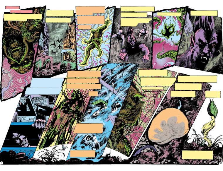 Página dupla da famosa HQ do Monstro do Pântano de Alan Moore (DC/Reprodução)
