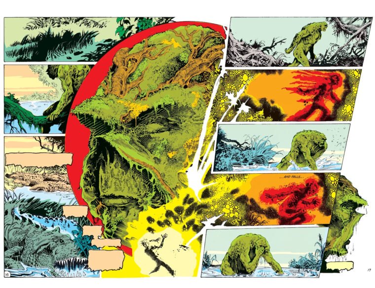 Página dupla da clássica HQ do Monstro do Pântano de Alan Moore, John Totleben e Stephen Bissette (DC Comics/Reprodução)