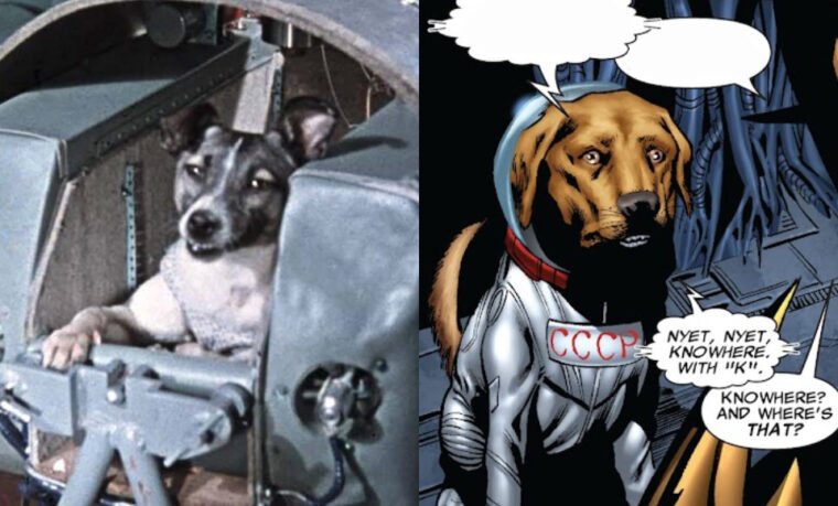 Montagem com imagens da cachorra Laika e do cão Cosmo nas HQs (Reprodução)