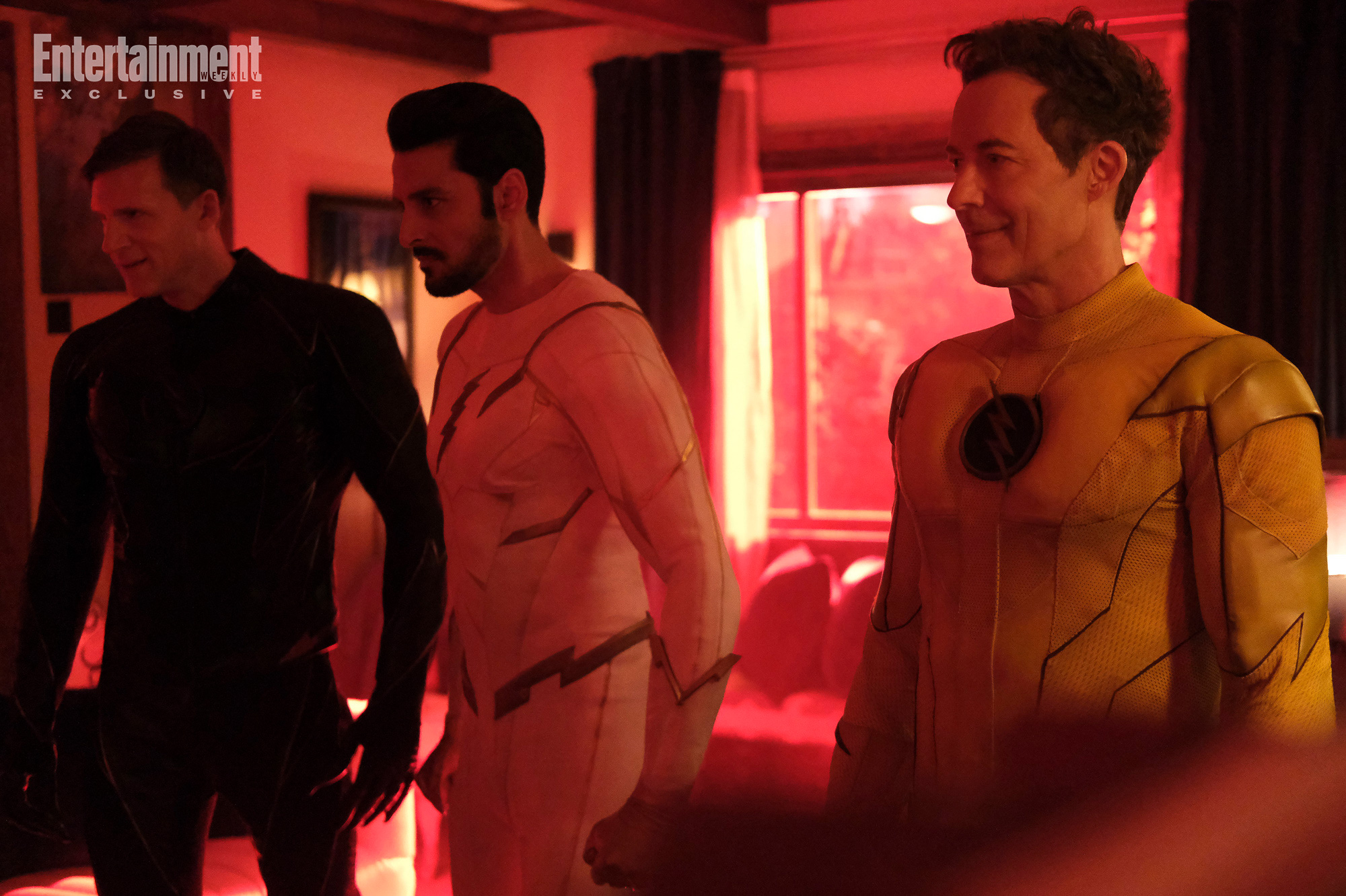The Flash -- “A New World, Part Four” -- Image Number: FLA913e_0106r -- Pictured (L - R): Teddy Sears as Zoom, Karan Oberoi as Godspeed and Tom Cavanagh as Reverse Flash -- Photo: Bettina Strauss/The CW -- © 2023 The CW Network, LLC. All Rights Reserved.