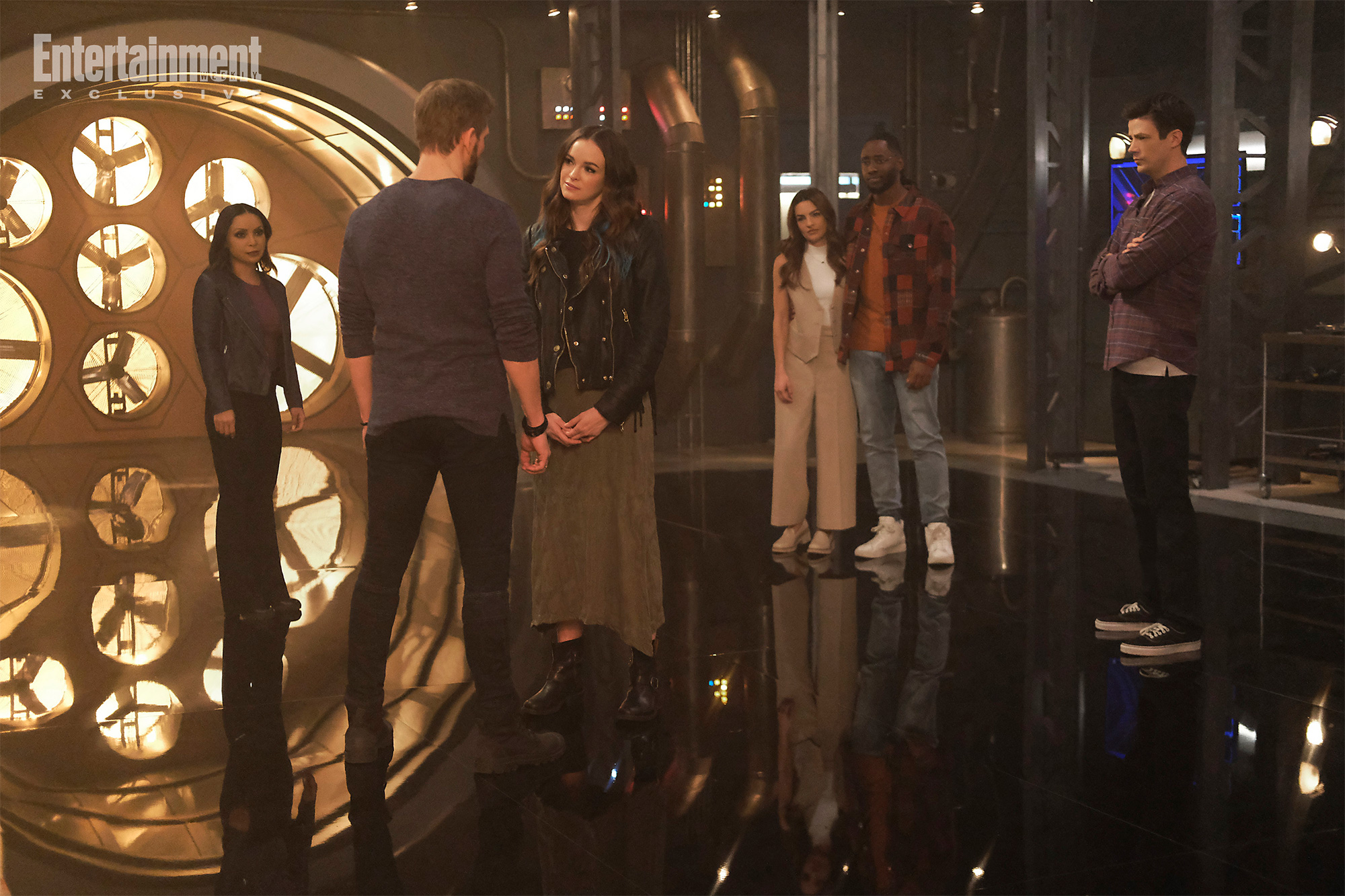 The Flash -- “A New World, Part Four” -- Image Number: FLA913i_0143r -- Pictured (L - R): Danielle Nicolet as Cecile Horton , Jon Cor as Mark, Danielle Panabaker as Khione, Kayla Compton as Allegra Garcia, Brandon McKnight as Chester P. Runk and Grant Gustin as Barry Allen -- Photo: Bettina Strauss/The CW -- © 2023 The CW Network, LLC. All Rights Reserved.