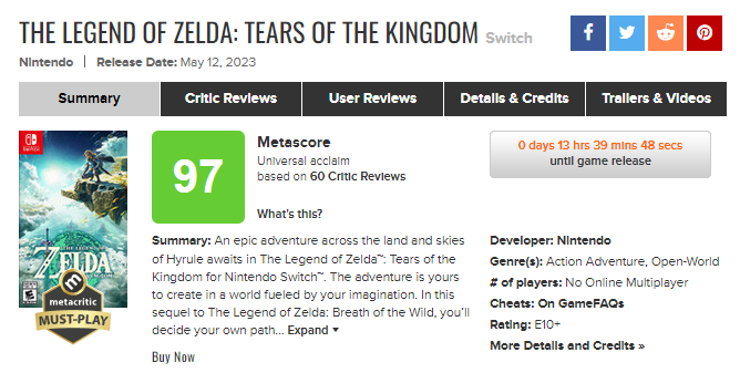 metacritic on X: The Legend of Zelda: Tears of the Kingdom is a Metacritic  Must-Play:  Tears of the Kingdom could end up being  one of the best games ever made, with