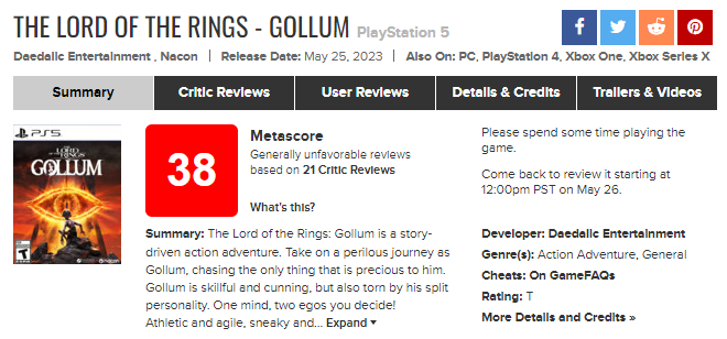 The Lord of the Rings: Gollum  Jogo tem a pior nota de um jogo de 2023 no  Metacritic