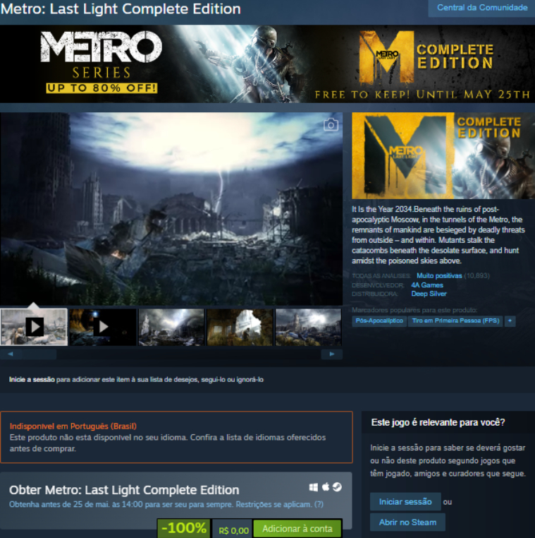 Alerta de jogo grátis! Metro: Last Light Complete Edition no Steam