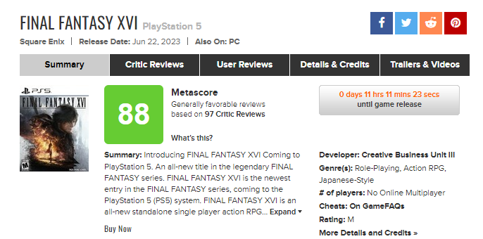Final Fantasy XVI larga com nota 88 no Metacritic