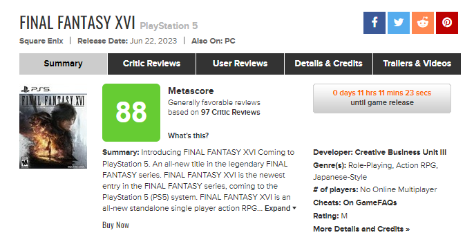 Final Fantasy XVI: as primeiras notas do RPG no Metacritic