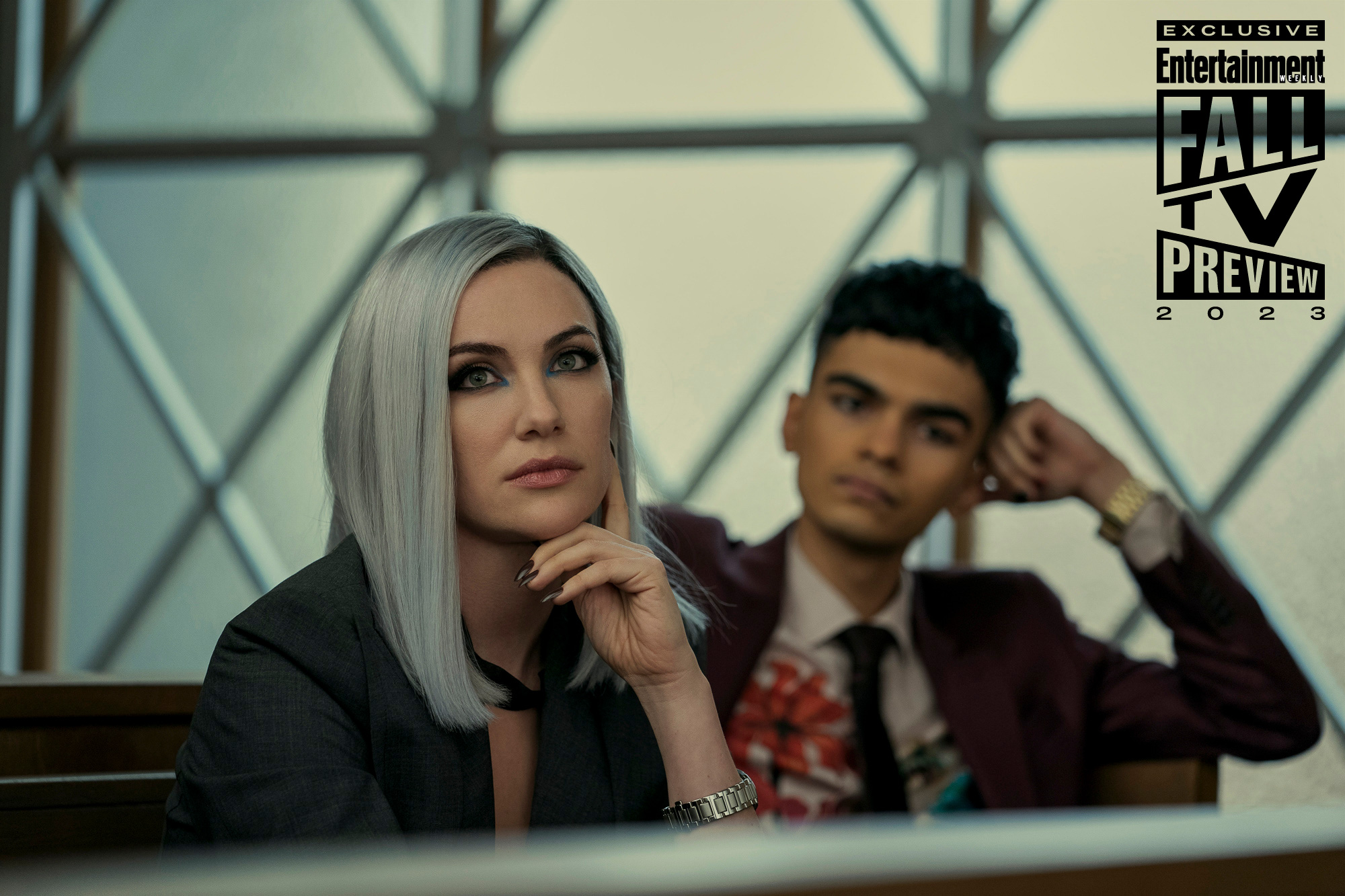 The Fall of the House of Usher. (L to R) Kate Siegel as Camille L'Espanaye, Sauriyan Sapkota as Prospero Usher in episode 101 of The Fall of the House of Usher. Cr. Ricardo Hubbs/Netflix © 2023
