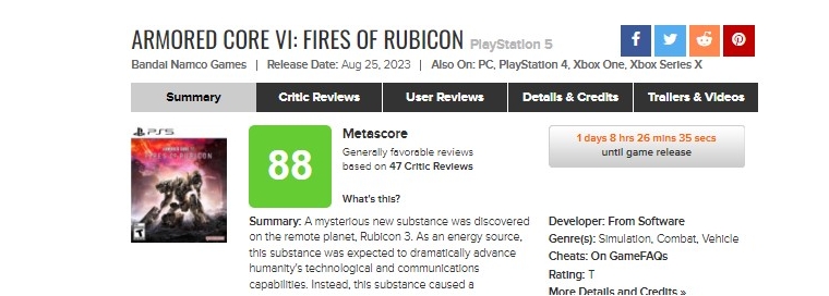 На Metacritic появились оценки Armored Core VI: Fires of Rubicon от игроков  — средний балл составил 7.5 из 10 ..