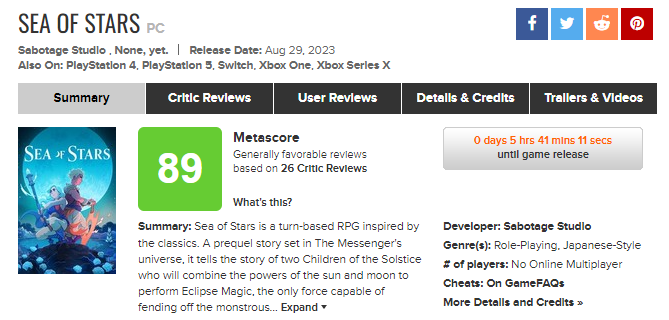 metacritic on X: Sea of Stars (Metascore Updates): [PC - 89]   [PS5 - 88]  [Switch - 91]   [XSX - 89]  The new  benchmark for turn-based RPGs - God