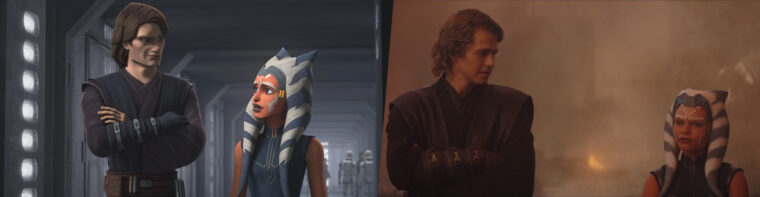 Anakin e uma versão mais experiente de Ahsoka em Clone Wars e em Ahsoka (LucasFilm/Reprodução)