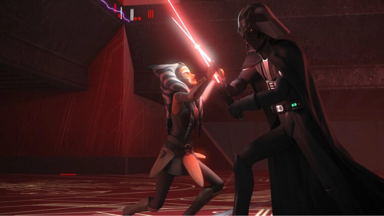 O embate entre Ahsoka Tano e Darth Vader em Star Wars: Rebels (LucasFilm/Reprodução)