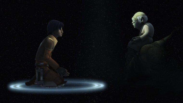 Ezra Bridger encontra Mestre Yoda no Mundo Entre Mundos de Star Wars: Rebels (LucasFilm/Reprodução)