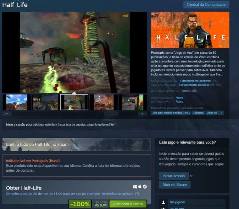 Captura de tela da página de Half-Life no Steam (Valve/Reprodução)