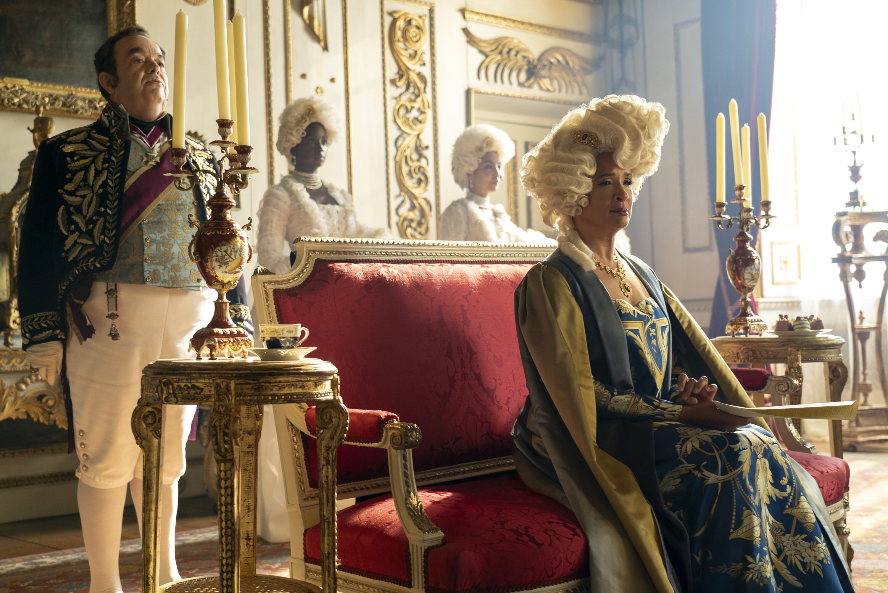 Bridgerton. (L to R) Hugh Sachs as Brimsley, Golda Rosheuvel as Queen Charlotte in episode 303 of Bridgerton. Cr. Liam Daniel/Netflix © 2024