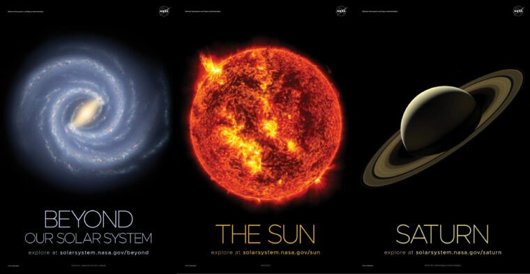 Cartazes de "Além do Sistema Solar", do "Sol" e de "Saturno" (NASA/Reprodução)