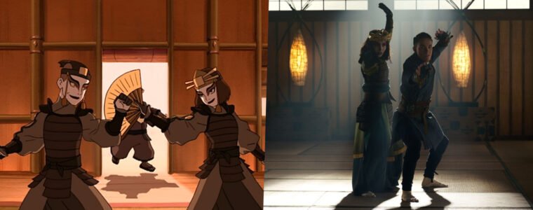 Montagem com imagens de Sokka e Suki na animação e no live-action de Avatar (Nickelodeon/Netflix/Reprodução)