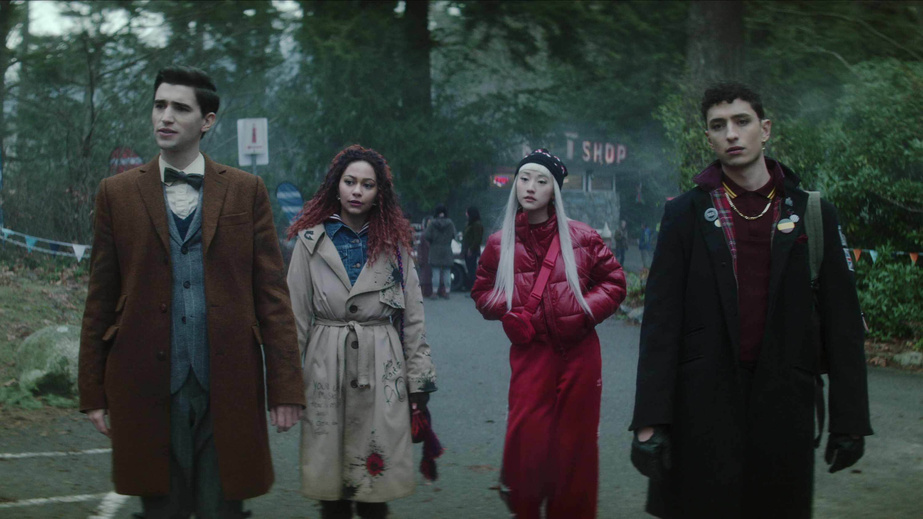 DEAD BOY DETECTIVES. (L to R) George Rexstrew as Edwin Payne, Kassius Nelson as Crystal Palace, Yuyu Kitamura as Niko Sasaki, and Jayden Revri as Charles Rowland in episode 4 of DEAD BOY DETECTIVES. Cr. Courtesy of Netflix © 2023