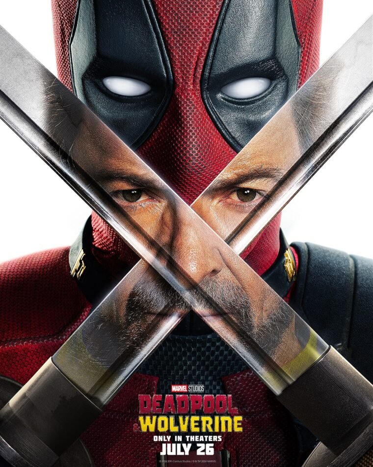 Imagem do Wolverine refletida nas espadas do Deadpool em cartaz de Deadpool e Wolverine (Marvel/Reprodução)