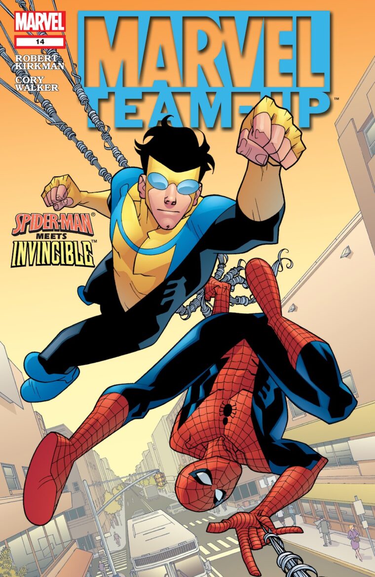 Capa da HQ Marvel Team Up 14, que contou com o encontro entre Invencível e Homem-Aranha (Marvel/Reprodução)