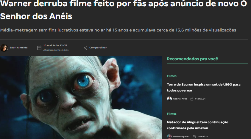 Fan film de Senhor dos Anéis fora do ar