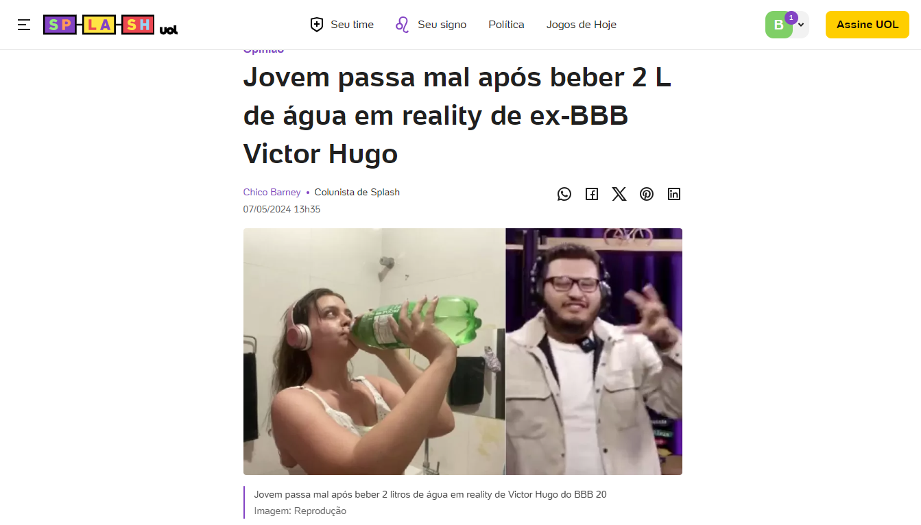 Jovem Passa mal ao tomar 2L de agua em A Bolha