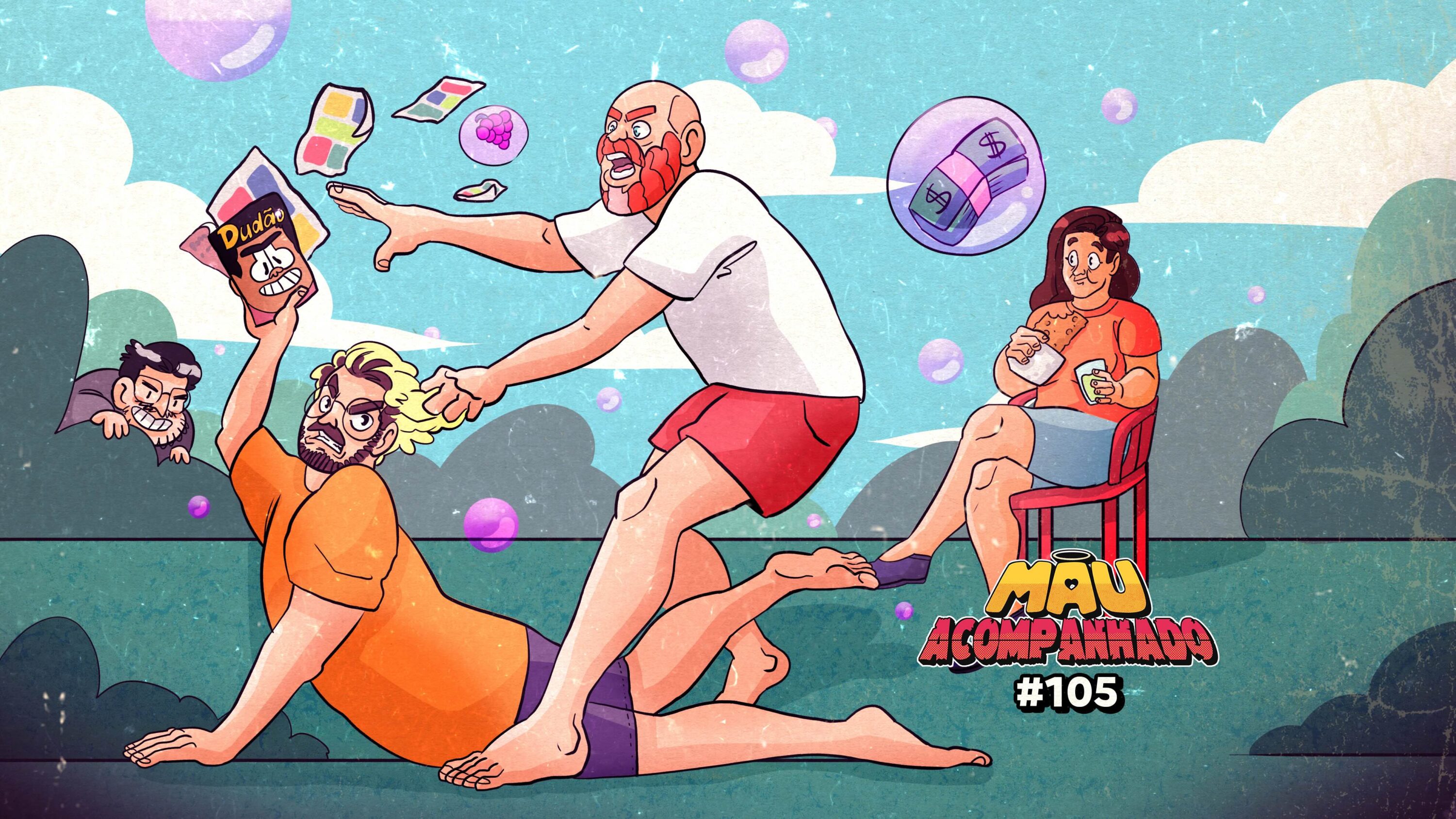 Um gibi, um pastel, um caldo de cana e uma framboesa