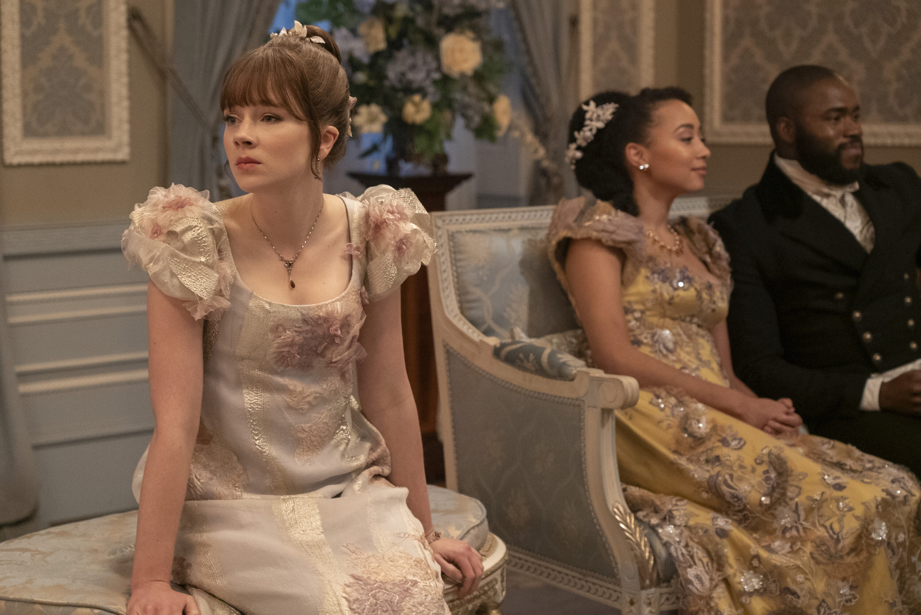 Bridgerton. (L to R) Claudia Jessie as Eloise Bridgerton, Emma Naomi as Alice Mondrich, Martins Imhangbe as Will Mondrich in episode 305 of Bridgerton. Cr. Liam Daniel/Netflix © 2024