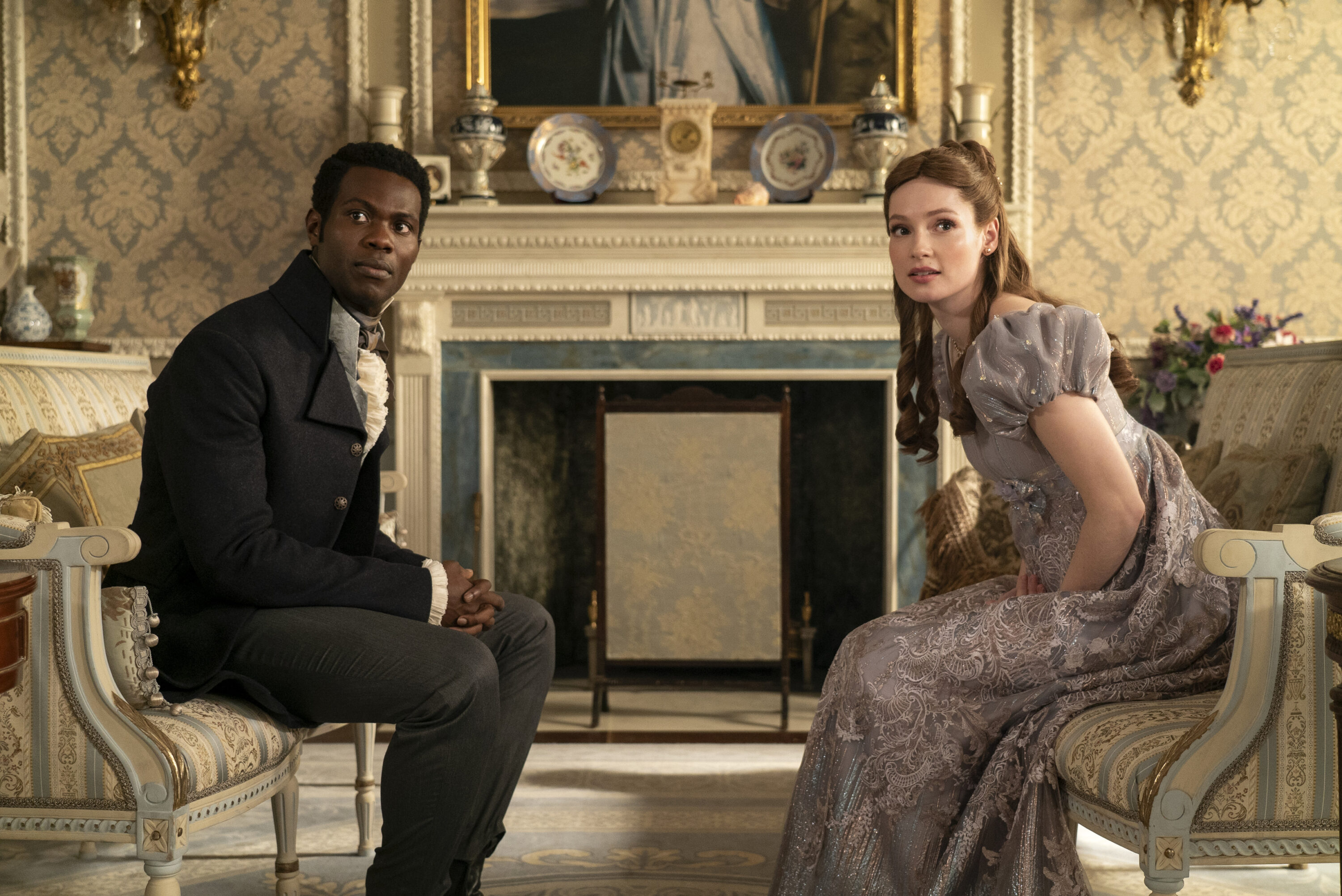 Bridgerton. (L to R) Victor Alli as John Stirling, Hannah Dodd as Francesca Bridgerton in episode 306 of Bridgerton. Cr. Liam Daniel/Netflix © 2024