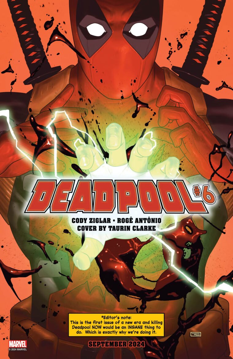 Capa de Deadpool #6, na qual o peito do mercenário é atravessado por uma mão com luva branca e energia esverdeada.