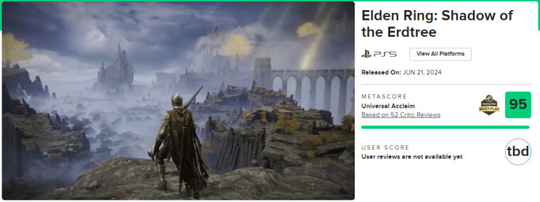 Captura de tela da nota de Shadow of the Erdtree, a DLC de Elden Ring, no Metacritic (Reprodução)