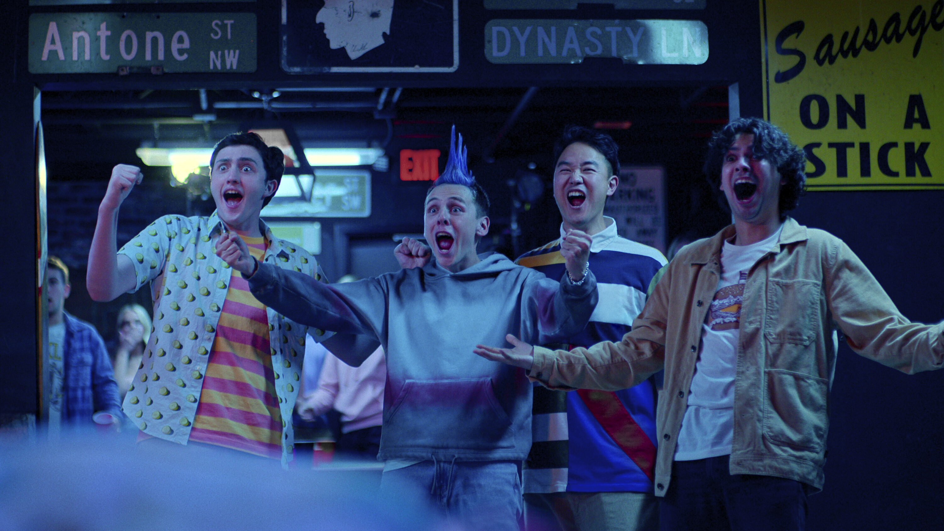 Cobra Kai. (L to R) Gianni DeCenzo as Demetri, Jacob Bertrand as Eli 'Hawk' Moskowitz, Joe Seo as Kyler, Xolo Maridueña as Miguel Diaz in Cobra Kai. Cr. Courtesy of Netflix © 2024