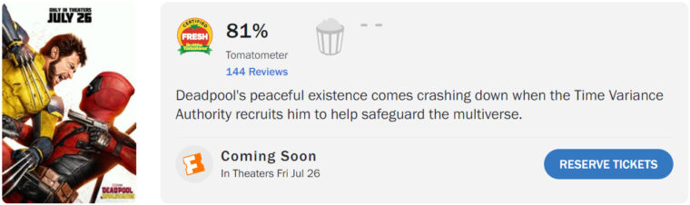 Deadpool & Wolverine chega a 81% de aprovação no Rotten Tomatoes (Captura de Tela/Rotten Tomatoes)