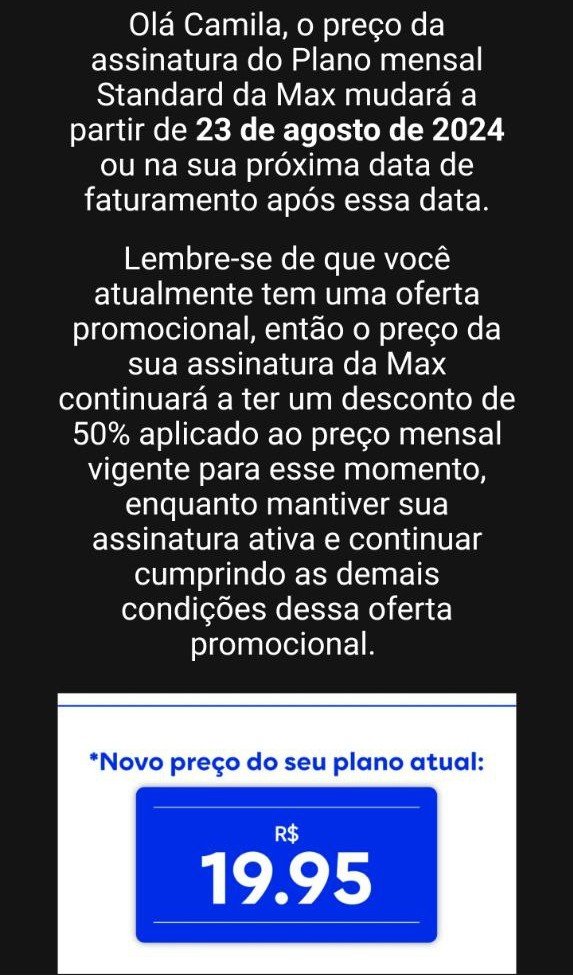 E-mail da Max avisando sobre aumento