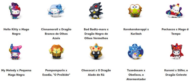 Brindes da colaboração entre Yu-Gi-Oh! e Hello Kitty no McDonalds (Reprodução)