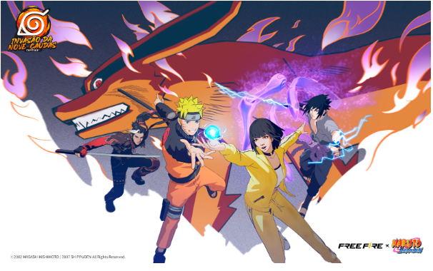Arte do evento Invasão da Nove-Caudas em Bemuda, de Free Fire com Naruto Shippuden (Garena/Reprodução