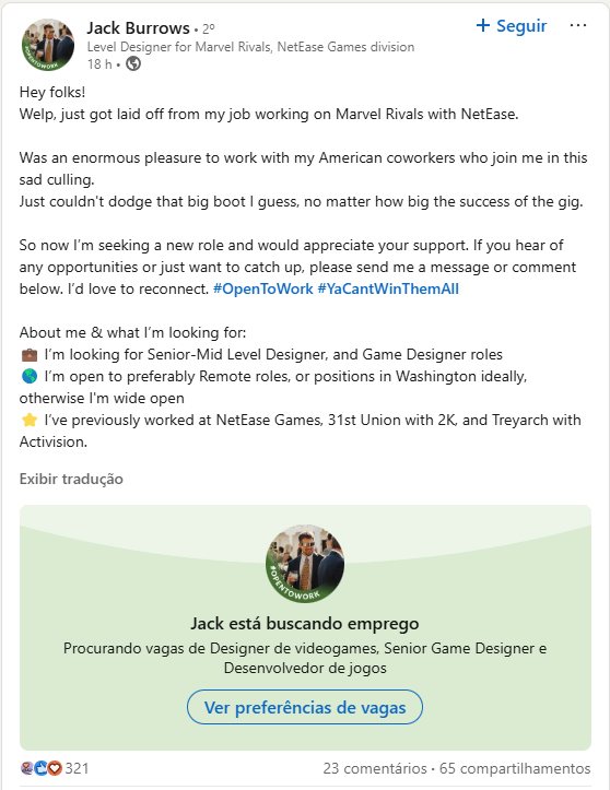Print do LinkedIn de Jack Burrow, ex-designer de Marvel Rivals