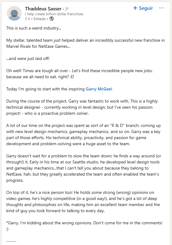 Print do LinkedIn de Thaddeus Sasser, ex-diretor de Marvel Rivals